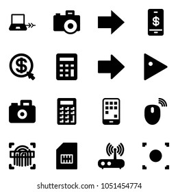 Solid vector icon set - notebook connect vector, camera, right arrow, mobile payment, money click, calculator, play, mouse wireless, fingerprint scanner, sim, wi fi router, record button