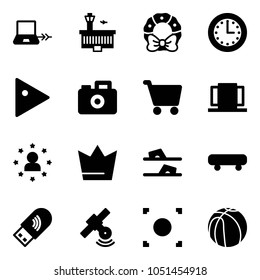 Solid vector icon set - notebook connect vector, airport building, christmas wreath, time, play, camera, cart, doors, star man, crown, flip flops, skateboard, usb wi fi, satellite, record button