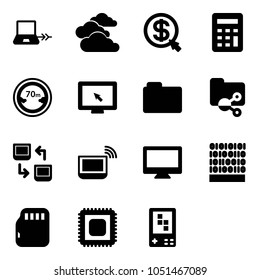 Solid vector icon set - notebook connect vector, clouds, money click, calculator, limited distance road sign, monitor cursor, folder, shared, data exchange, wi fi, binary code, micro flash card, cpu