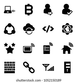 Solid vector icon set - notebook connect vector, bitcoin, user login, check, social, refresh cloud, tag code, gear globe, stars, wi fi, server wireless, home, binary, link, fine signal