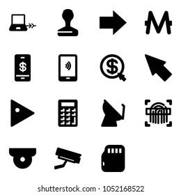 Solid vector icon set - notebook connect vector, stamp, right arrow, monero, mobile payment, money click, cursor, play, calculator, satellite antenna, fingerprint scanner, surveillance camera