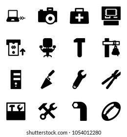 Solid vector icon set - notebook connect vector, camera, doctor bag, atm, office chair, work, ship bell, server, trowel, wrench, bolt cutter, tool box, hammer, allen key, football