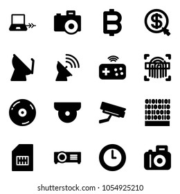 Solid vector icon set - notebook connect vector, camera, bitcoin, money click, satellite antenna, joystick wireless, fingerprint scanner, cd, surveillance, binary code, sim, projector, clock