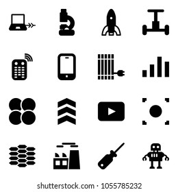 Solid vector icon set - notebook connect vector, lab, rocket, gyroscope, remote control, mobile phone, sun panel, chart, atom core, chevron, playback, record button, carbon, plant, screwdriver