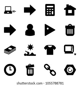 Solid vector icon set - notebook connect vector, right arrow, calculator, home, user, play, trash bin, dollar, reading, t shirt, monoblock pc, clock, link, nut