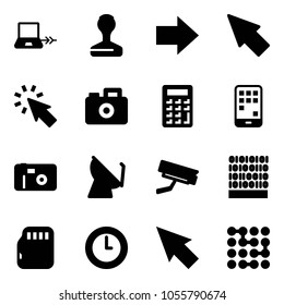 Solid vector icon set - notebook connect vector, stamp, right arrow, cursor, camera, calculator, mobile, photo, satellite antenna, surveillance, binary code, micro flash card, clock, circuit