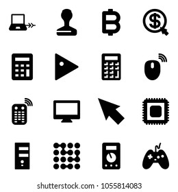 Solid vector icon set - notebook connect vector, stamp, bitcoin, money click, calculator, play, mouse wireless, remote control, monitor, cursor, cpu, server, circuit, multimeter, joystick