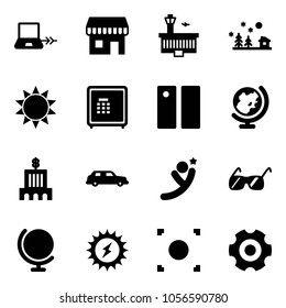 Solid vector icon set - notebook connect vector, duty free, airport building, christmas landscape, sun, safe, pause, globe, bank, limousine, flying man, sunglasses, power, record button, gear