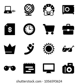 Solid vector icon set - notebook connect vector, globe, christmas wreath, safe, account statement, time, cart, portfolio, crown, flying man, sun, sunglasses, terms plan, monitor, camera