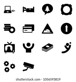 Solid vector icon set - notebook connect vector, hotel, merry christmas message, currency, coin, credit card, steep descent road sign, only forward, tv news, success, dollar, flying man, flower