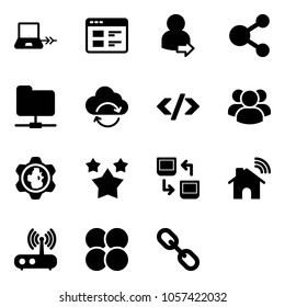 Solid vector icon set - notebook connect vector, website, user login, share, network folder, refresh cloud, tag code, group, gear globe, stars, data exchange, wireless home, wi fi router, atom core