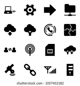 Solid vector icon set - notebook connect vector, gear, right arrow, network folder, download cloud, upload, phone horn, puzzle, information exchange, antenna, sim, data, satellite, link, fine signal