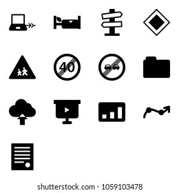Solid vector icon set - notebook connect vector, hotel, road signpost sign, main, children, end speed limit, overtake, folder, upload cloud, presentation board, statistics, chart point arrow