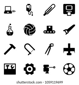 Solid vector icon set - notebook connect vector, drop counter, thermometer, atm, round flask, volleyball, conveyor, saw, hammer, fretsaw, plumber, milling cutter, tool box, gear, laser lever