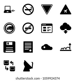 Solid vector icon set - notebook connect vector, no smoking sign, giving way road, airport, truck, end overtake limit, website, download cloud, save, agreement, growth, data exchange