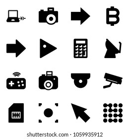 Solid vector icon set - notebook connect vector, camera, right arrow, bitcoin, play, calculator, satellite antenna, joystick wireless, surveillance, sim, record button, cursor, circuit