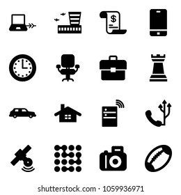 Solid vector icon set - notebook connect vector, airport building, account history, phone, time, office chair, portfolio, chess tower, limousine, home, server wireless, satellite, circuit, camera