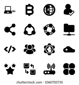 Solid vector icon set - notebook connect vector, bitcoin, globe, user check, share, social, friends, network folder, tag code, group, gear, cloud, stars, data exchange, wi fi router, atom core