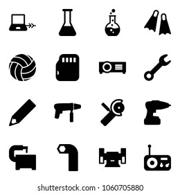 Solid vector icon set - notebook connect vector, flask, round, flippers, volleyball, micro flash card, projector, wrench, pencil, drill machine, Angular grinder, tool, allen key, sharpening, radio