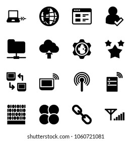 Solid vector icon set - notebook connect vector, globe, website, user check, network folder, upload cloud, gear, stars, data exchange, wi fi, antenna, server wireless, binary code, atom core, link