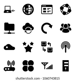 Solid vector icon set - notebook connect vector, globe, website, friends, network folder, refresh cloud, redo, group, stars, data exchange, antenna, wi fi router, atom core, fine signal, server