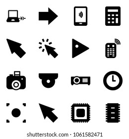 Solid vector icon set - notebook connect vector, right arrow, mobile payment, calculator, cursor, play, remote control, camera, surveillance, projector, clock, record button, cpu, chip