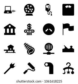 Solid vector icon set - notebook connect vector, snowball, drop counter, floor scales, bank, detour road sign, flag, bungalow, shell, globe, jointer, wood drill, paint roller, allen key