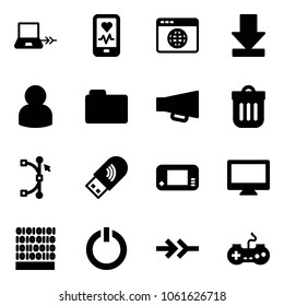 Solid vector icon set - notebook connect vector, mobile heart monitor, browser globe, download, user, folder, loudspeaker, trash bin, bezier, usb wi fi, game console, binary code, standby button
