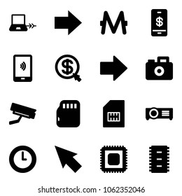 Solid vector icon set - notebook connect vector, right arrow, monero, mobile payment, money click, camera, surveillance, micro flash card, sim, projector, clock, cursor, cpu, chip