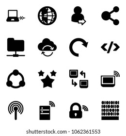 Solid vector icon set - notebook connect vector, globe, user login, share, network folder, refresh cloud, redo, tag code, community, stars, data exchange, wi fi, antenna, server wireless, lock