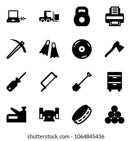 Solid vector icon set - notebook connect vector, fork loader, weight, printer, job, flippers, cd, axe, screwdriver, metal hacksaw, shovel, tool cabinet, stapler, sharpening, tambourine