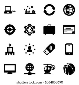 Solid vector icon set - notebook connect vector, christmas landscape, exchange, globe, target, gear, case, schedule, bank building, star man, usb wi fi, mobile phone, monitor, helicopter toy