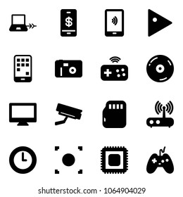 Solid vector icon set - notebook connect vector, mobile payment, play, photo, joystick wireless, cd, monitor, surveillance camera, micro flash card, wi fi router, clock, record button, cpu