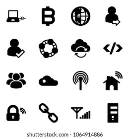 Solid vector icon set - notebook connect vector, bitcoin, globe, user login, check, friends, refresh cloud, tag code, group, antenna, wireless home, lock, link, fine signal, server