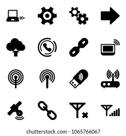 Solid vector icon set - notebook connect vector, gear, right arrow, upload cloud, phone horn, link, wi fi, antenna, usb, router, satellite, no signal, fine