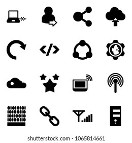Solid vector icon set - notebook connect vector, user login, share, upload cloud, redo, tag code, community, gear globe, stars, wi fi, antenna, binary, link, fine signal, server