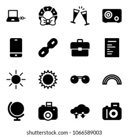 Solid vector icon set - notebook connect vector, christmas wreath, wine glasses, safe, phone, link, portfolio, document, sun, sunglasses, rainbow, globe, camera, cloud exchange data