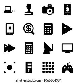 Solid vector icon set - notebook connect vector, stamp, camera, mobile payment, money click, calculator, play, fast forward, satellite antenna, monitor, record button, server, circuit, joystick
