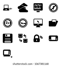 Solid vector icon set - notebook connect vector, clouds, diagnostic monitor, no parkin odd, limited width road sign, cart horse, cursor, folder, save, data exchange, wireless lock, game console
