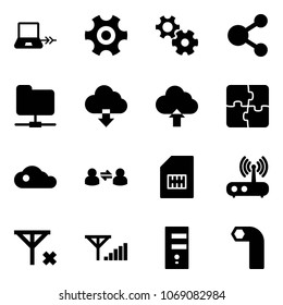 Solid vector icon set - notebook connect vector, gear, share, network folder, download cloud, upload, puzzle, information exchange, sim, wi fi router, no signal, fine, server, allen key