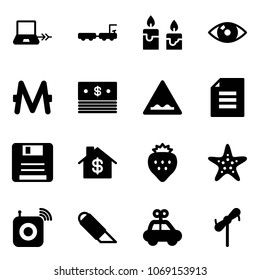Solid vector icon set - notebook connect vector, baggage truck, candle, eye, monero, dollar, rough road sign, document, save, home, strawberry, starfish, wireless speaker, work knife, car toy