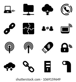 Solid vector icon set - notebook connect vector, network folder, upload cloud, phone horn, link, puzzle, information exchange, wi fi, antenna, usb, wireless lock, data, server, allen key