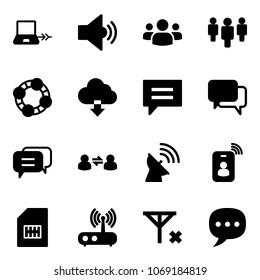 Solid vector icon set - notebook connect vector, volume medium, group, friends, download cloud, chat, dialog, information exchange, satellite antenna, identity card, sim, wi fi router, no signal