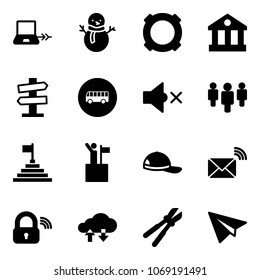 Solid vector icon set - notebook connect vector, snowman, currency, bank, road signpost sign, bus, volume off, group, pyramid flag, win, cap, wireless mail, lock, cloud exchange data, bolt cutter