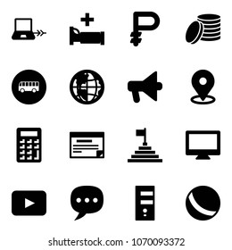 Solid vector icon set - notebook connect vector, hospital bed, ruble, coin, bus road sign, globe, loudspeaker, map pin, calculator, schedule, pyramid flag, monitor, playback, chat, server, ball