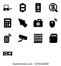 Solid vector icon set - notebook connect vector, bitcoin, mobile payment, money click, calculator, cursor, camera, mouse wireless, remote control, surveillance, binary code, micro flash card