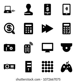 Solid vector icon set - notebook connect vector, stamp, mobile payment, money click, calculator, fast forward, photo, remote control, monitor, surveillance camera, projector, server, circuit