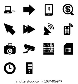 Solid vector icon set - notebook connect vector, right arrow, mobile payment, money click, cursor, fast forward, satellite antenna, remote control, camera, surveillance, binary code, sim, clock