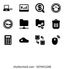 Solid vector icon set - notebook connect vector, account statistics, money click, limited distance road sign, no cart horse, network folder, shared, trash bin, calculator, cloud, data exchange