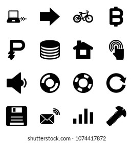 Solid vector icon set - notebook connect vector, right arrow, bike, bitcoin, ruble, coin, home, hand cursor, low volume, lifebuoy, reload, save, wireless mail, chart, screw